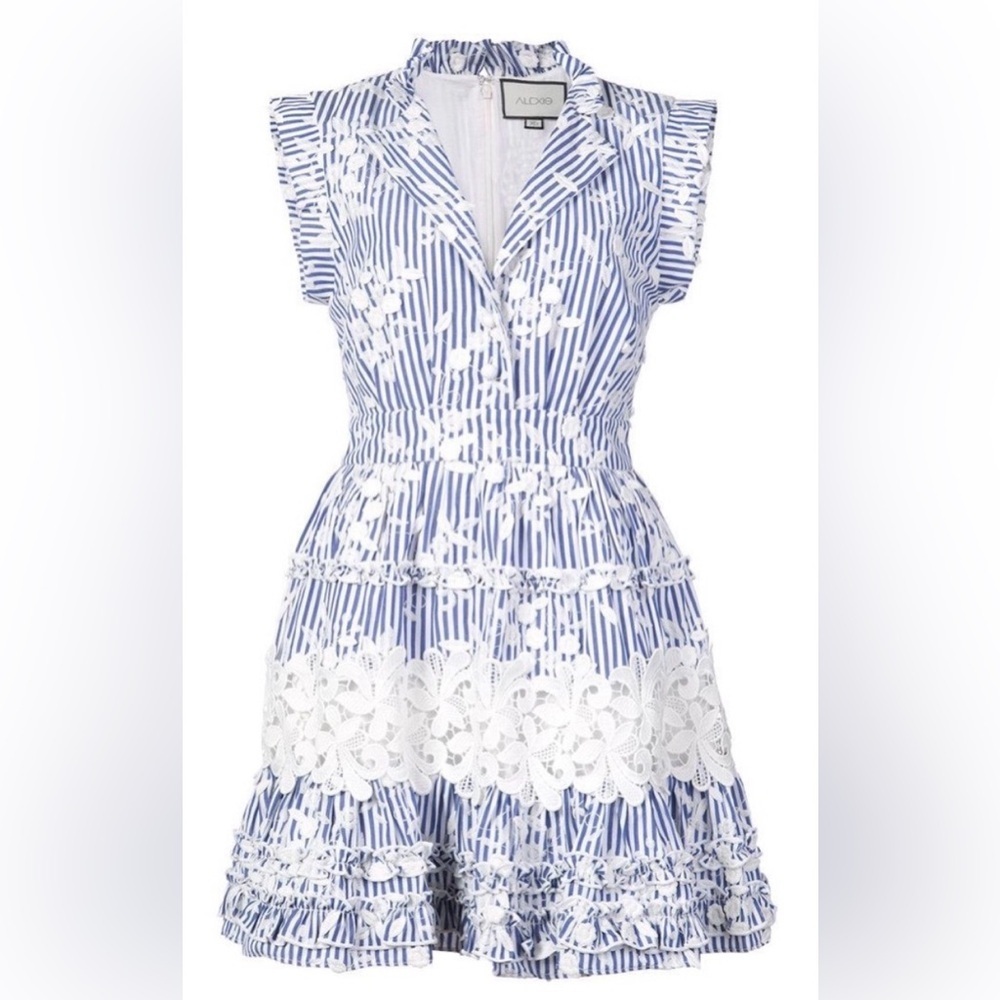 NWOT Alexis Olya Striped Embroidered Ruffled Mini Dress Blue White Size Small
